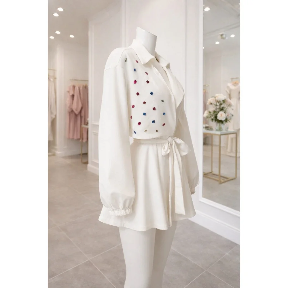 Shein‎ Curve White Rhinestone Embellished Long Sleeve Romper 4XL